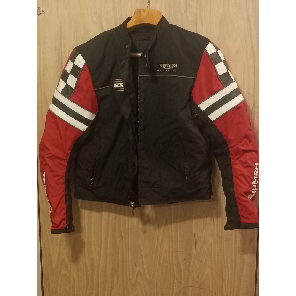 Vtg Triumph Motorcycles Riding Jacket Mens Black Red WhiteCheckered Textile Coat